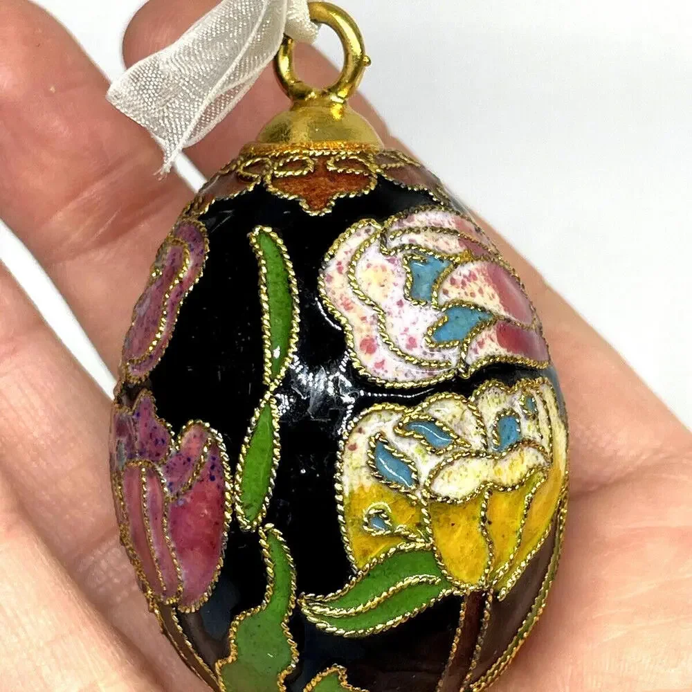 Pink Black Gold Floral Cloisonne‎ EGG Ornament Vintage